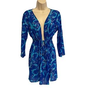 Tara‎ Grinna Blue and Silver Deep V Drawstring Waist Cover Up Medium